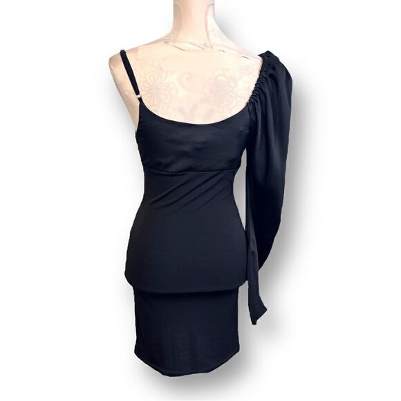 TFNC London Asymmetrical Puff Sleeve Bodycon Little Black Dress, Size Small - Picture 4 of 10